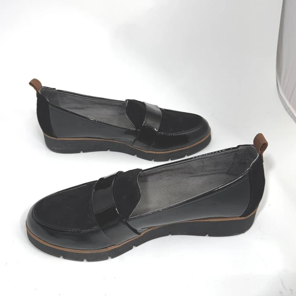 Dr Scholls Womens Black Patent and Suede Platform Lug Sole Loafers Size 7.5M